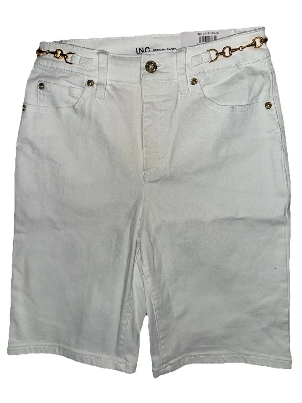 INC International Concepts White Womens Denim Shorts with Gold Chain Detail
